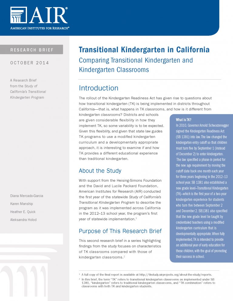 TK Research Brief - TK and K classrooms