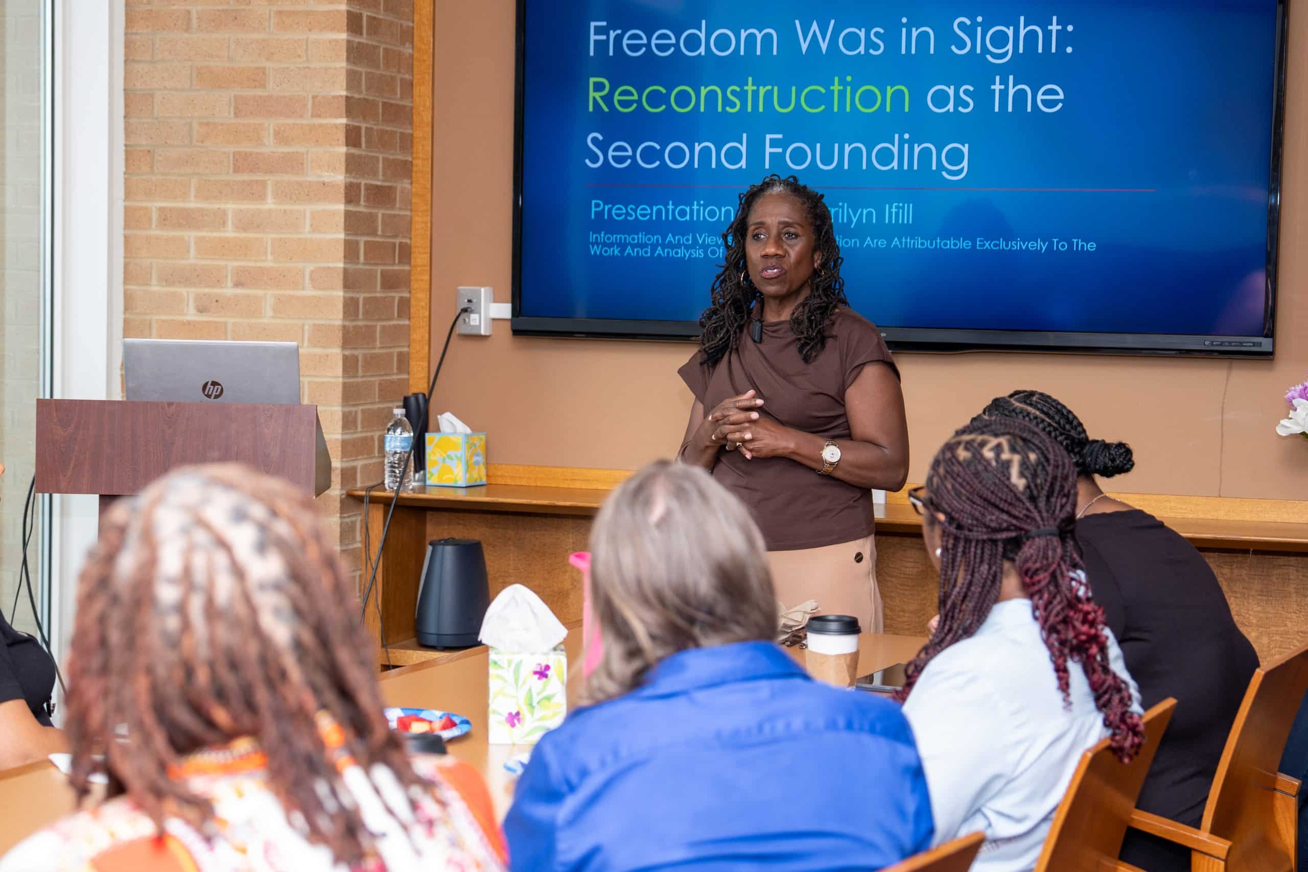Sherrilyn Ifill hosts a seminar class called “Reimagining American Democracy: The 14th Amendment” at Howard University to educate law students about the history and impact of the 14th Amendment.